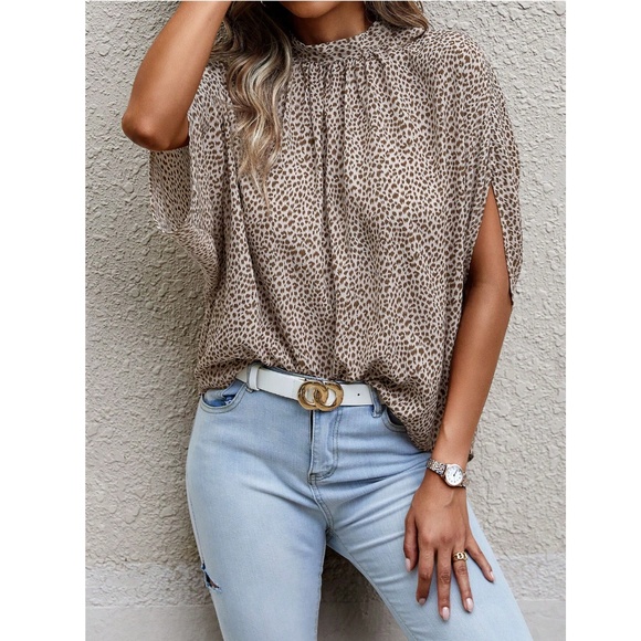 Spotted Print Beige Blouse Top Flowy, High Neck - Picture 5 of 13